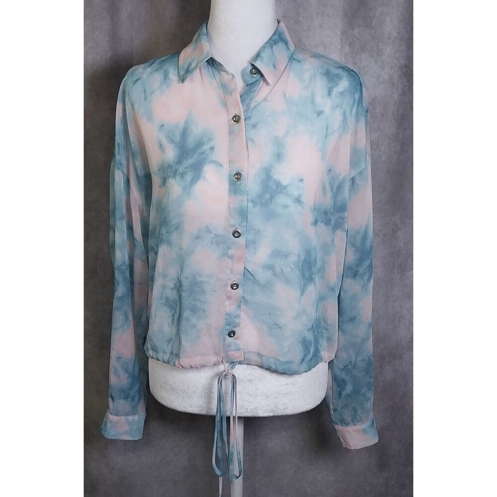 Forever 21 Pastel Blue Pink Tie Dye Top Long Sleeve Collared Button Front Size M